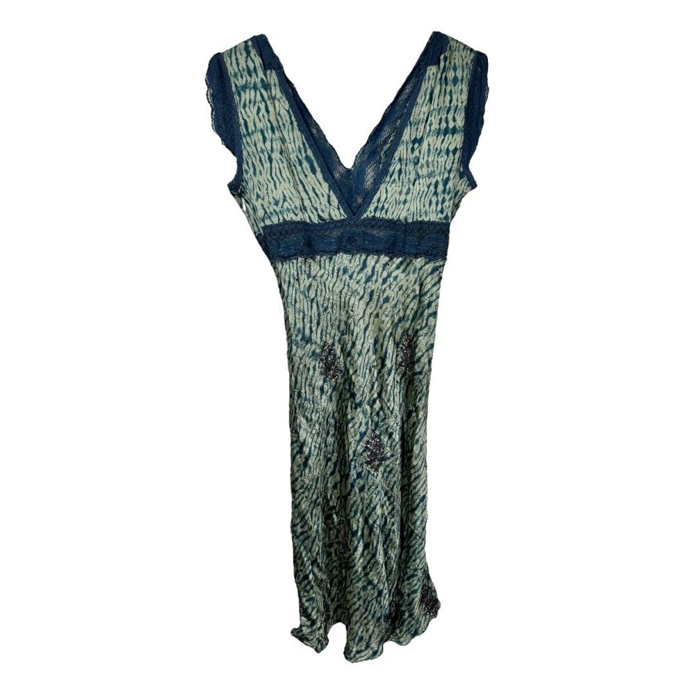Vintage Y2K Tie Dye Embellished Silk Slip Dress Medium Blue Beaded 2000s Lace - Picture 3 of 9
